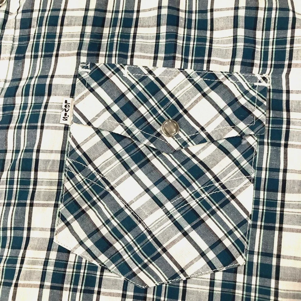 Levi's Shirt Mens XL Western Pearl Snap Blue Plaid Long Sleeve‎ Cotton Cowboy